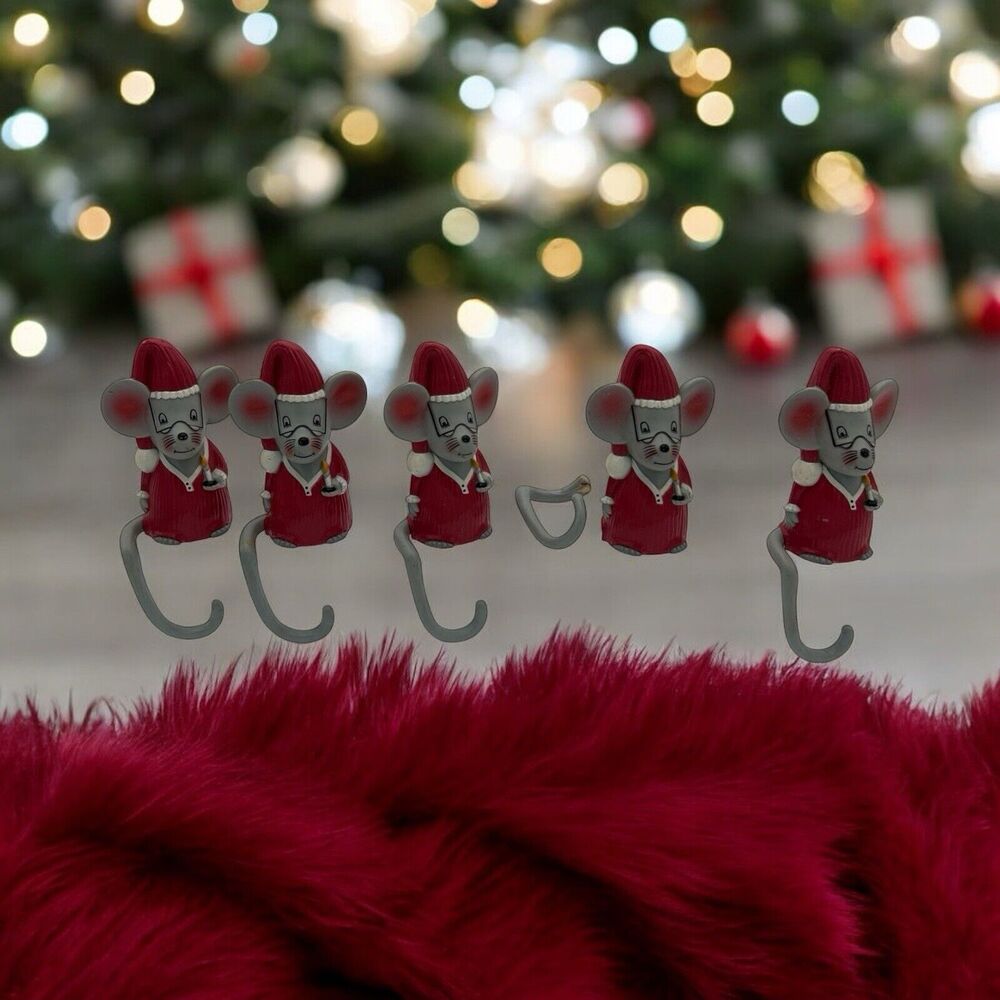 5 Vintage Plastic Mouse Christmas Stocking Hanger 1981 Sun Hill Industries 👀👇